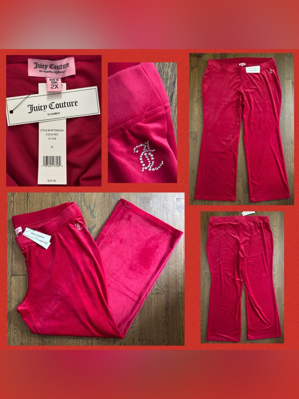 NWT Juicy Couture Coco Red Velour Wide Leg Lounge Pants Rhinestone JC